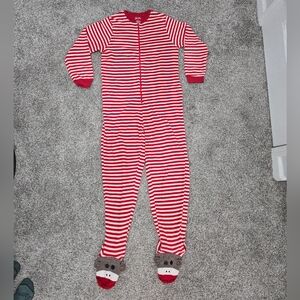 Nick & Nora Red and White Striped Adult Sock Monkey Footie Pajama
